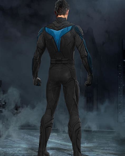 an artist's rendering of a man in a black and blue suit standing with his back to the camera