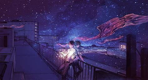 HD wallpaper: Anime, Original, Boy, City, Night, Roof, Stars ...