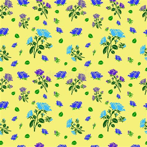 Seamless Pattern, Beautiful Blue Roses, Buds and Leaves, Silhouette on ...