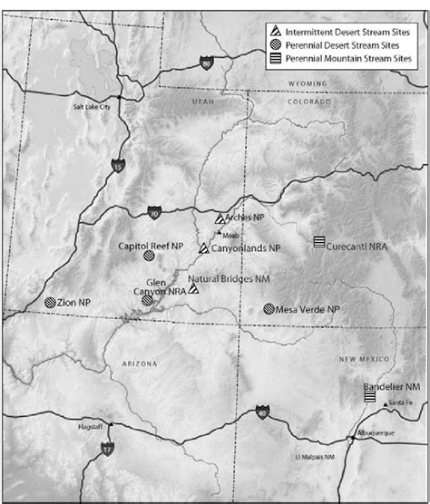 Map of the Colorado Plateau. Symbols represent the park locations and ...