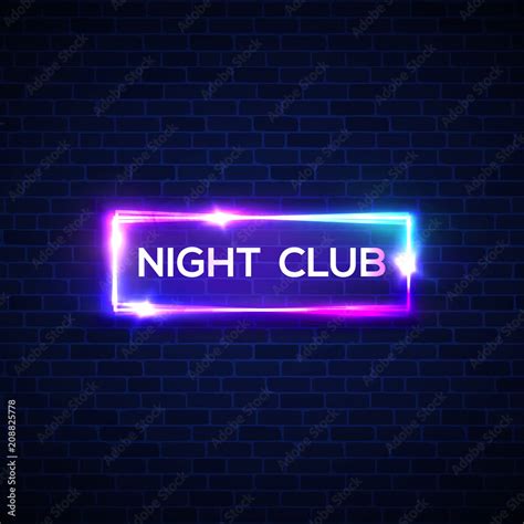 Night club neon sign on brick wall. 3d retro light bar glowing signage ...