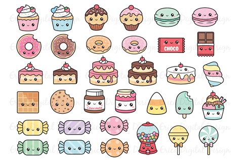 Kawaii Sweets clipart set - 34 cute food images (520385) | Illustrations | Design Bundles