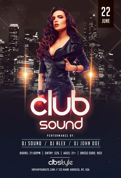 club sound flyer template with woman in leather outfit