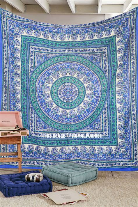 Large Blue Paisley Floral Medallion Circle Cotton Tapestry Wall Hanging ...