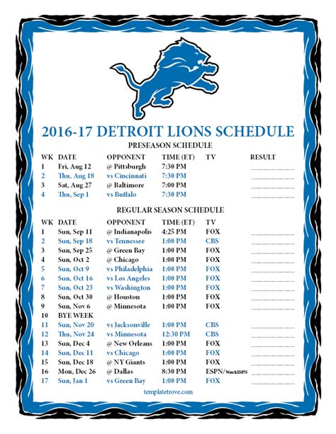 Printable 2016-2017 Detroit Lions Schedule