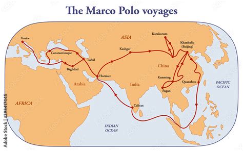 Map of the Marco Polo voyages through Asia along the Silk Road Stock Illustration | Adobe Stock