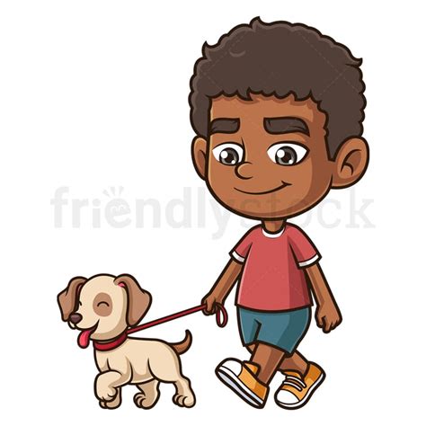 Cartoon Black Boy Walking Dog Vector Graphic - FriendlyStock