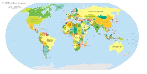 High Resolution political map of the world, with countries labeled in their native language ...