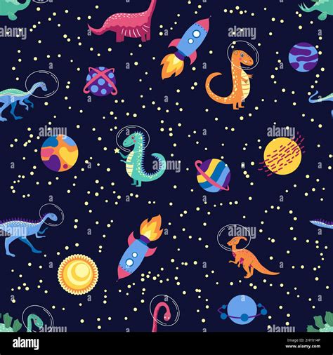 Dino in space seamless pattern. Cute dragon characters, dinosaur traveling galaxy with stars ...