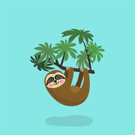 Sloth Hanging on Tree Branch . Cute Cartoon Character. Wild Jungle Animal Collection. Baby ...