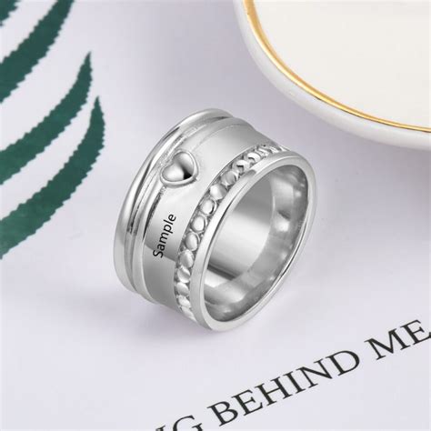 Personalized Anniversary Jewelry Custom Name Wide Ring with Love Heart ...