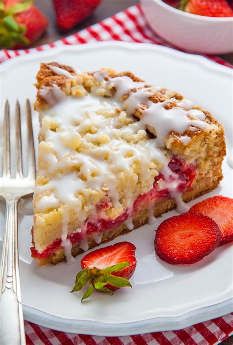 Strawberry Crumb Cake with Vanilla Glaze - Baker by Nature