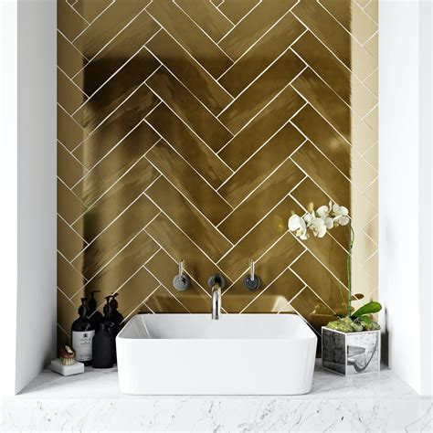 British Ceramic Tile Metallic gold wall tile 75mm x 300mm | VictoriaPlum.com