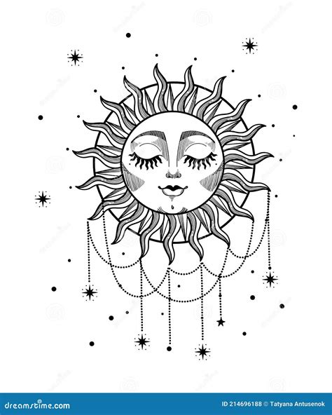 Beautiful Boho Sun with Face, Rays and Precious Jewelry. Hand Drawn ...