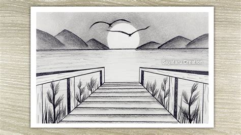 Sunset scenery drawing in pencil for beginners step by step Pencil Landscape - YouTube