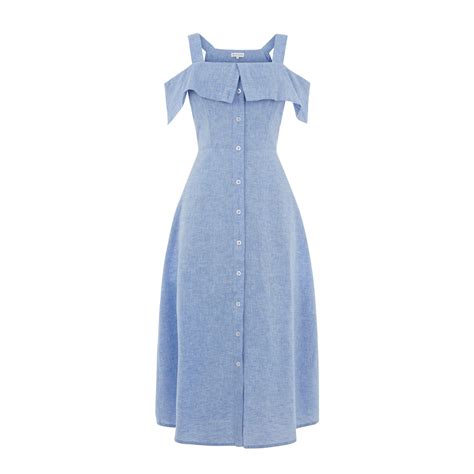 Warehouse, CHAMBRAY BUTTON THROUGH DRESS Light Blue 0 Light Blue Midi Dress, Light Blue Dresses ...