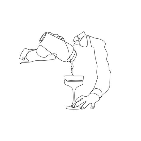 Barmen making cocktail. Bartender, barman, barista pouring drink. One line drawing style. Hand ...