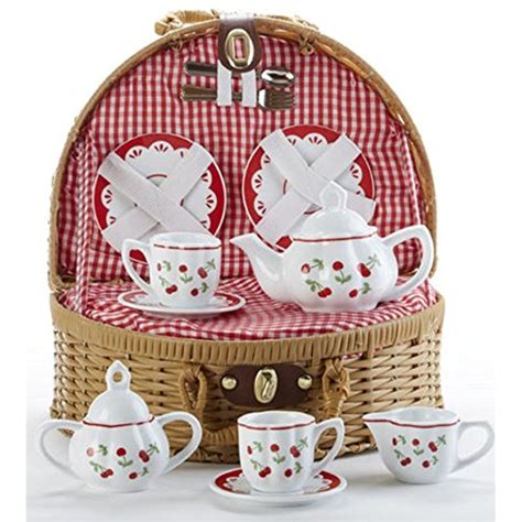 Child's Porcelain Tea Set in Wicker Basket, Real Pouring Teapot, "Red ...