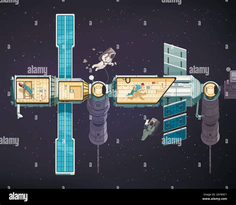 Astronauts in open space and international orbital station inside and ...