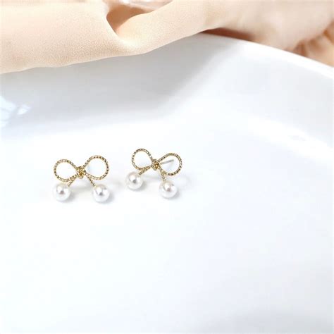 Pearl on Bow Earrings Gold Ribbon Earrings Bow Stud - Etsy