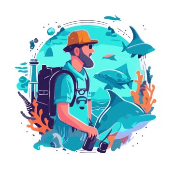 Marine Biologist Vector, Sticker Clipart Man In A Backpack And Glasses Surrounded By Fish And ...