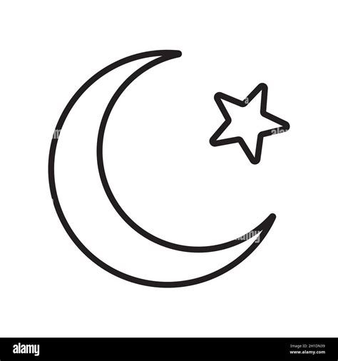 Crescent moon with star icon. Religious symbol of Islam. Vector illustration. Black linear icon ...