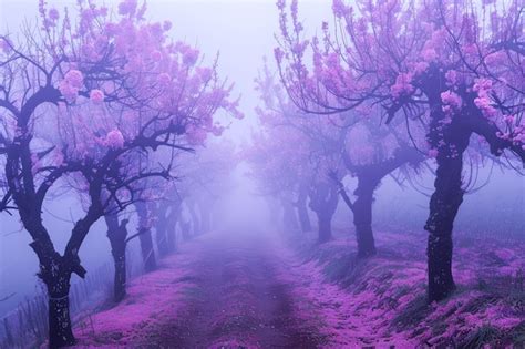 Premium Photo | Misty Enchanted Forest Path with Blossoming Trees in ...