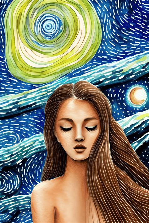 Beautiful Women Goddess Woman Starry Night Art Ocean Illustration Painting · Creative Fabrica