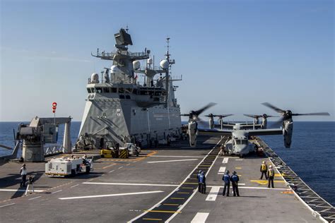 USMC MV-22B Osprey conduct deck landing qualifications on Spanish amphibious assault ship Juan ...