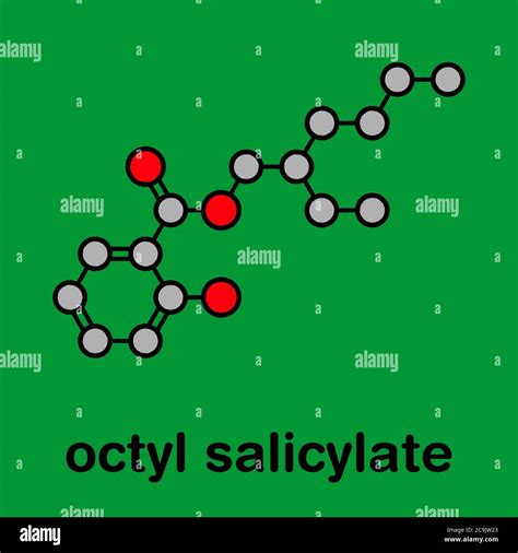 Octyl salicylate (octisalate) sunscreen molecule (UV filter). Stylized skeletal formula ...