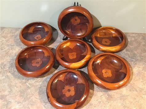 7 Wood carved bowls Vintage Hand Carved Solid Wood Salad | Etsy