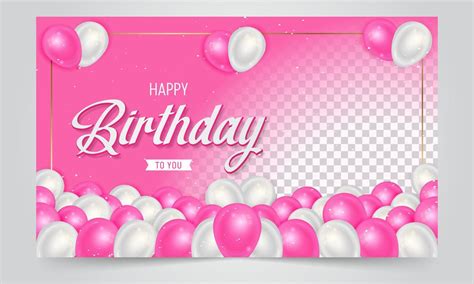 Happy birthday banner design with pink and white balloons illustration on gradient background ...