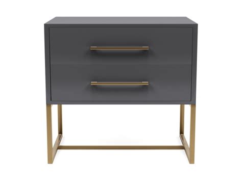 a grey and gold bedside table with two drawers on one side, the other is open