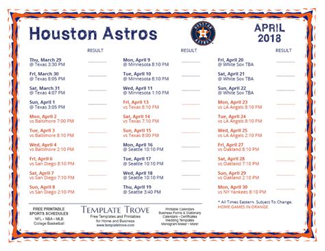 Printable 2018 Houston Astros Schedule