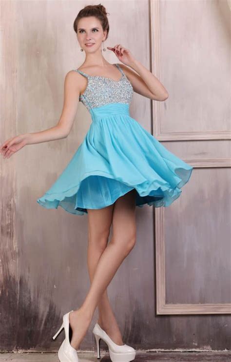 Simple Beaded Light Blue Homecoming Dresses Spaghetti Short Mini Skirt Ruffle Belt Chiffon ...