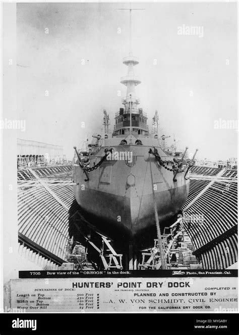 Bow view of the 'Oregon' USS Oregon (BB-3) in the dock.(Hunters' Point Dry Dock San Francisco ...