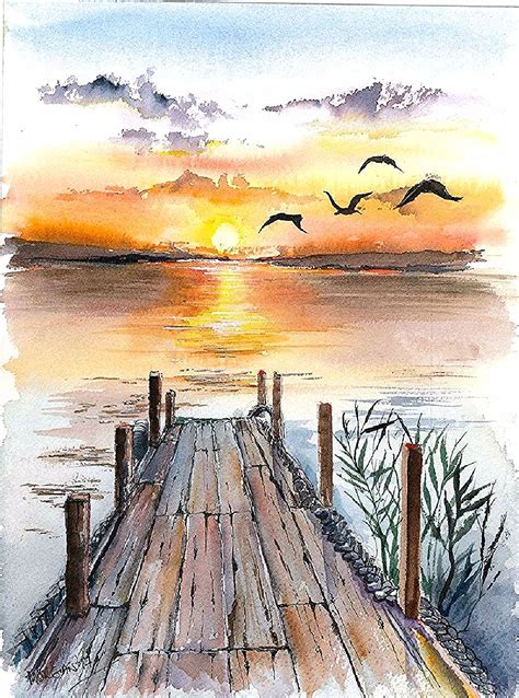 Sunset Lake Watercolor | Watercolor sunset, Watercolor landscape, Lake watercolor