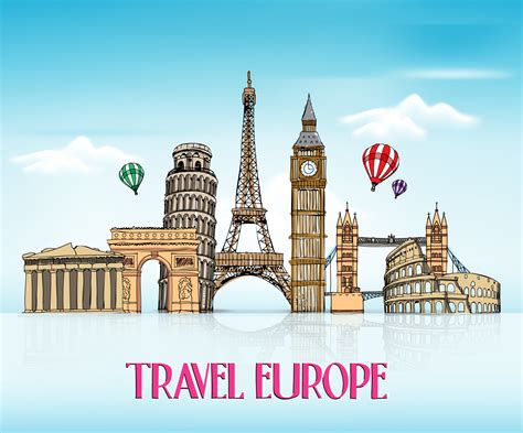 Travel Europe Hand Drawing with Famous Landmarks and Places in Blue ...