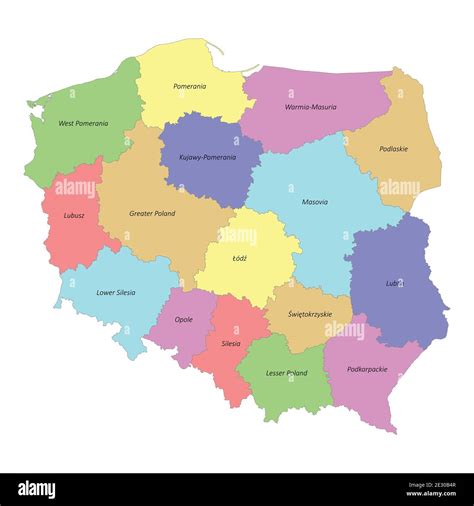 High quality colorful labeled map of Poland with borders of the regions Stock Vector Image & Art ...