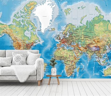 3D World Map Wallpaper Detailed Map Wall Mural Land Plate - Etsy Australia