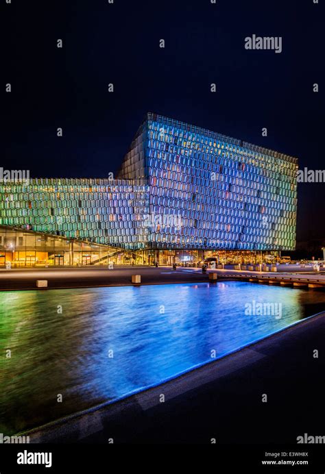 Harpa Concert and Conference Hall at night, Reykjavik, Iceland Festive lights during the annual ...