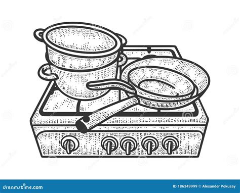 Old Stove with Pots and Pans Sketch Vector Stock Vector - Illustration of etching, retro: 186349999