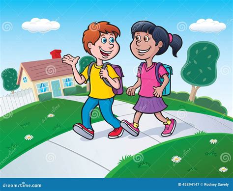 Two Kids Walking To School with Backpacks Stock Illustration ...