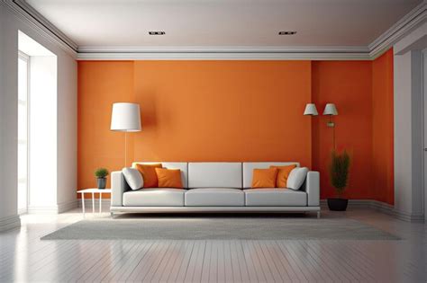 Premium AI Image | Modern living room with vibrant orange walls and sleek white furniture ...