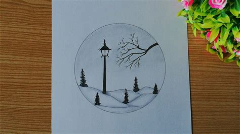 Pencil Sketch Scenery In Circle - halvedtapes