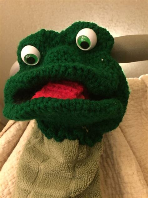 Frog puppet crochet top kitchen towel by generationor on Etsy