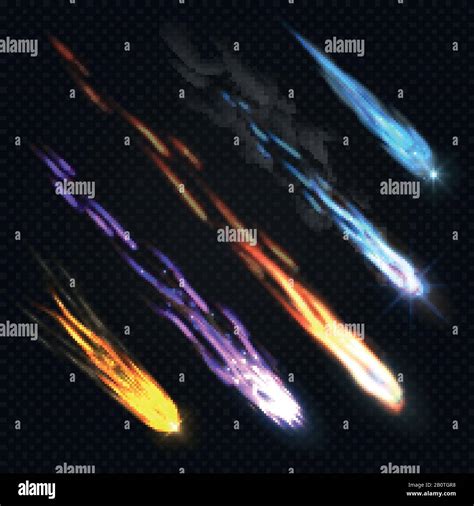 Meteors comets and fireballs with fire trails isolated vector set. Color asteroid graphic in ...