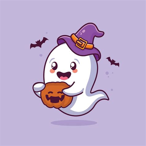 Cute halloween ghost holding pumpkin cartoon illustration | Halloween cartoons, Cute halloween ...