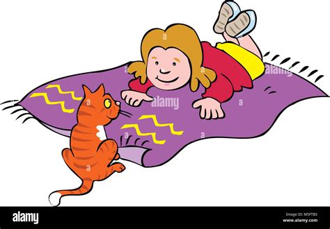 A cartoon little girl lying on a mat with her cat Stock Vector Image ...