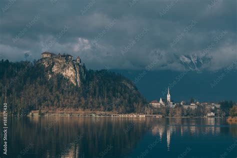 Castle of Bled. Bled castle. Sunset view of lake bled and mountains ...